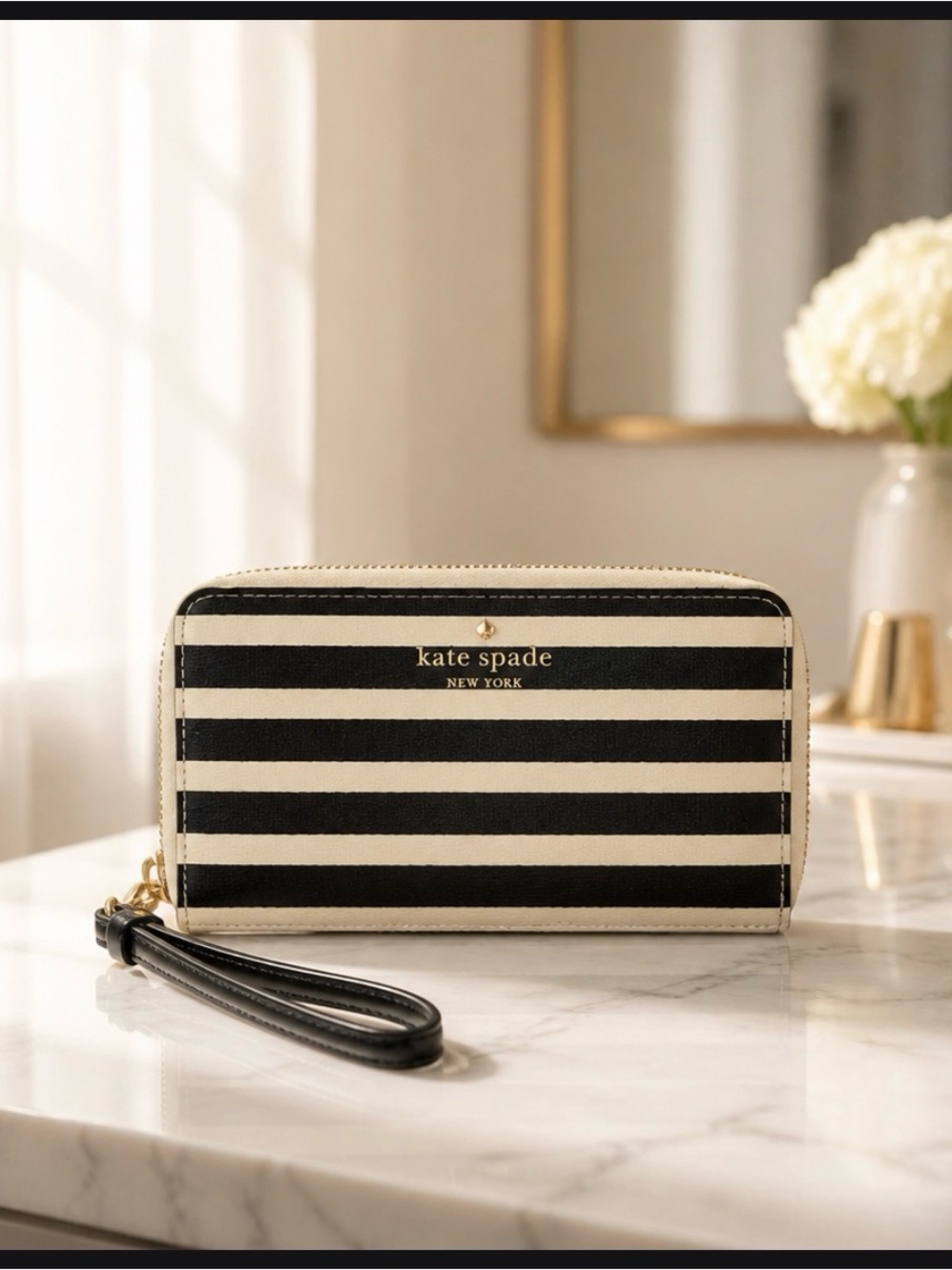 kate spade Black and Cream Striped Zip Wallet & spa bundle